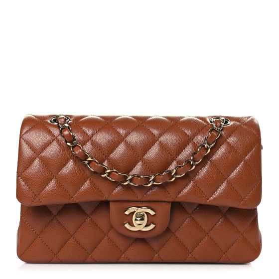 Caviar Quilted Small Double Flap Light Brown | FASHIONPHILE (US)