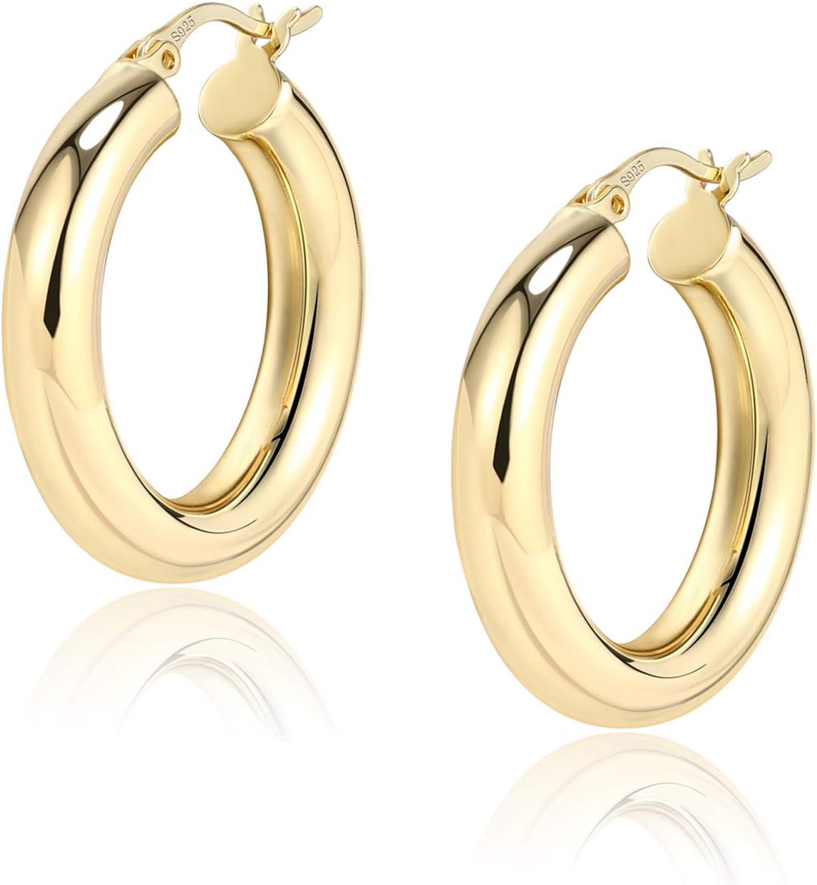 Chunky Hoop Earrings Thick Hoops for Women | Classic Thick Shiny Polished Round-Tube Chunky Hoop ... | Amazon (US)