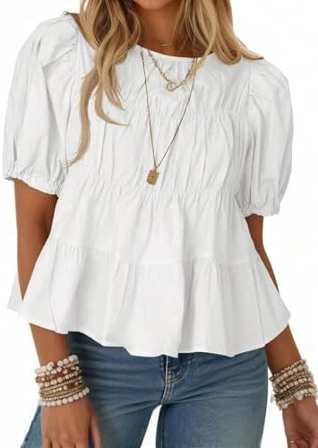 Tankaneo Womens Puff Sleeve Peplum Babydoll Tops Summer Smoked Pleated Cotton T-Shirts Casual Loo... | Amazon (US)