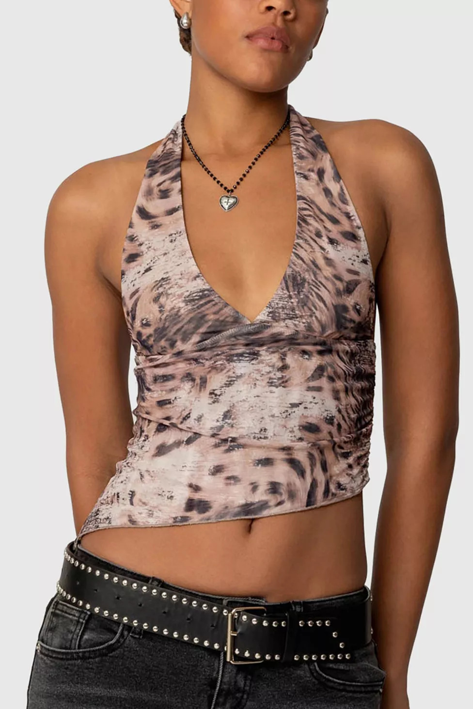 Edikted Leopard Mesh Asymmetric Halter Top | Urban Outfitters (US and RoW)