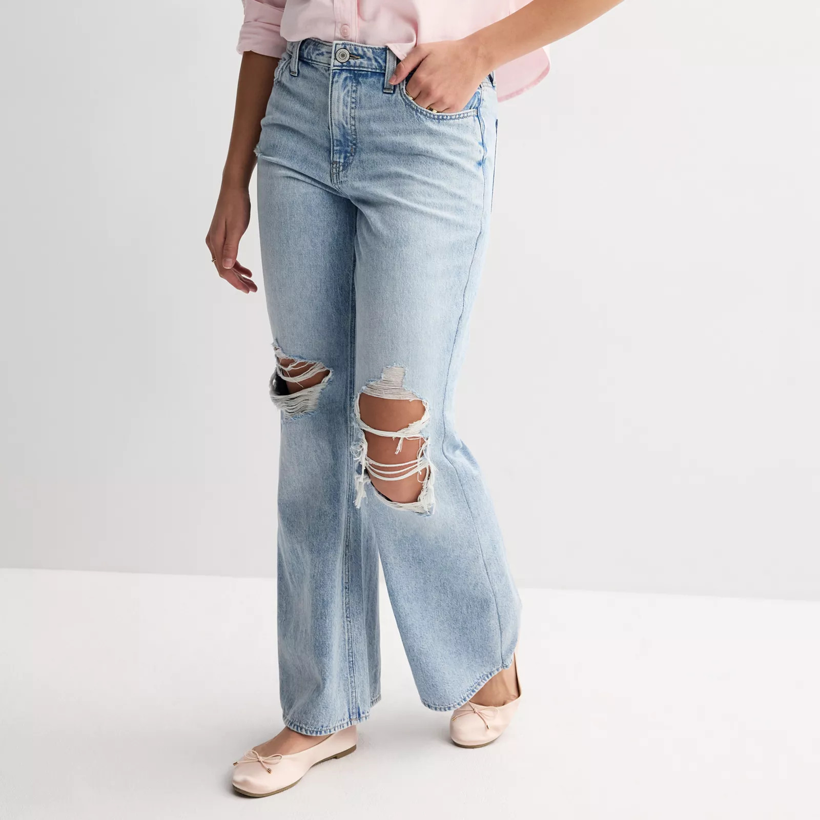 Juniors' SO® Mid-Rise Curvy Slouchy Flare Jeans, Girl's, Size: 0, Light Destructed | Kohl's