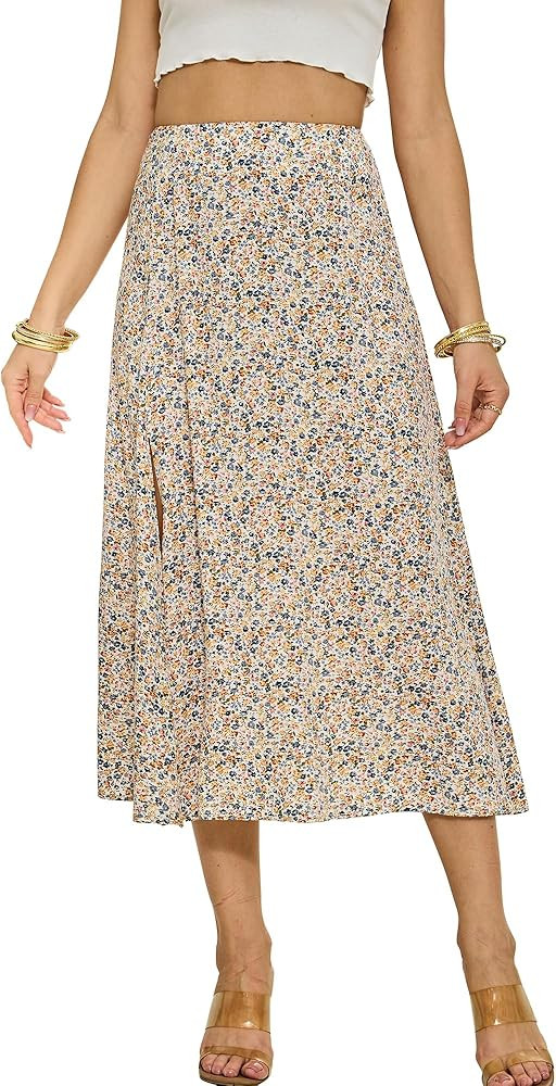 NENONA Womens 2024 Summer High Waisted Flowy Slit Midi Skirts Casual Lightweight Boho Floral Beac... | Amazon (US)