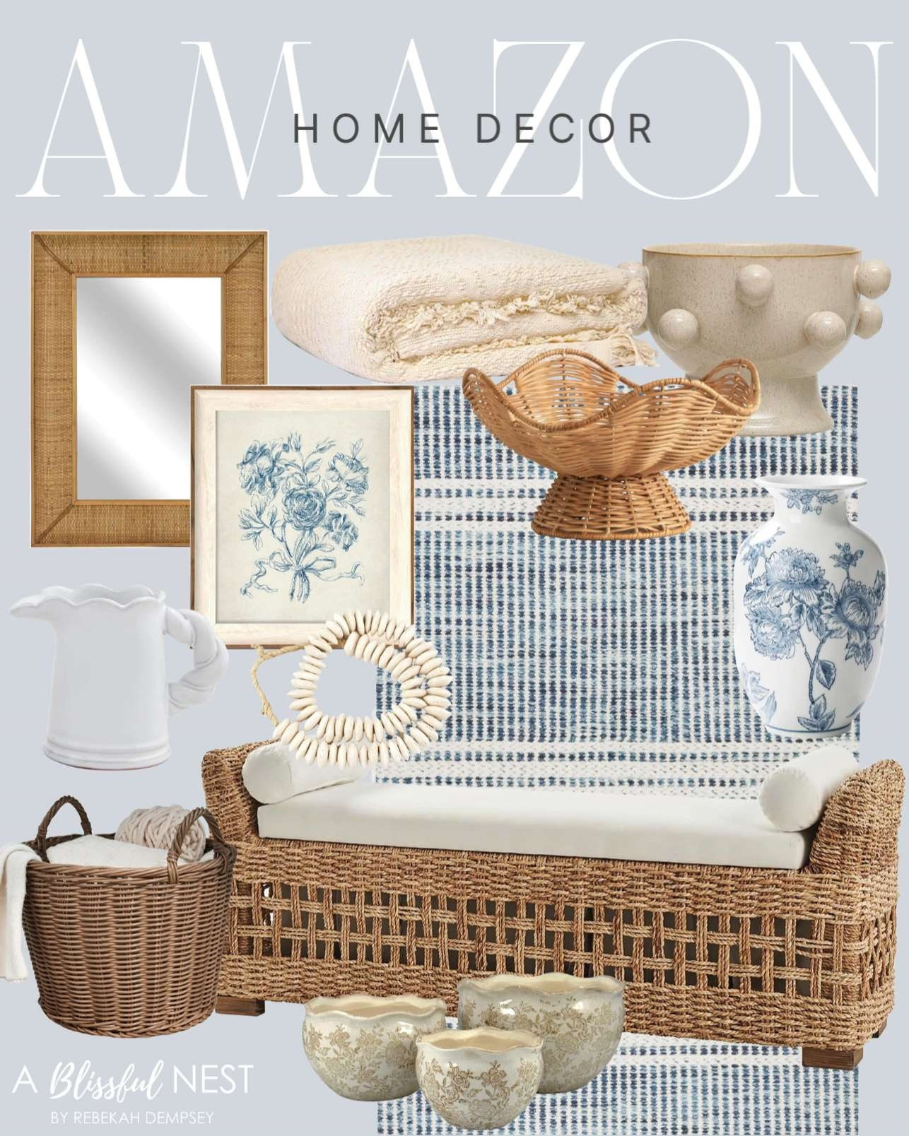 Affordable pieces that look anything but basic. Shop my favorite Amazon decor here.
White Bone Beads Saucer, Boho Rattan Wall Mirror, Twisted Handle Pitcher Vase, Woven Resin Wicker Basket, Ceramic Plant Pots, Vintage Wall Art, Blue and White Vase, Round Stoneware, Wavy Rattan Pedestal Bowl, Washable Blue Area Rug, Cream Throw Blanket, Rattan Storage Bench 

 #LTKHome #LTKFindsUnder50 #LTKFindsUnder100