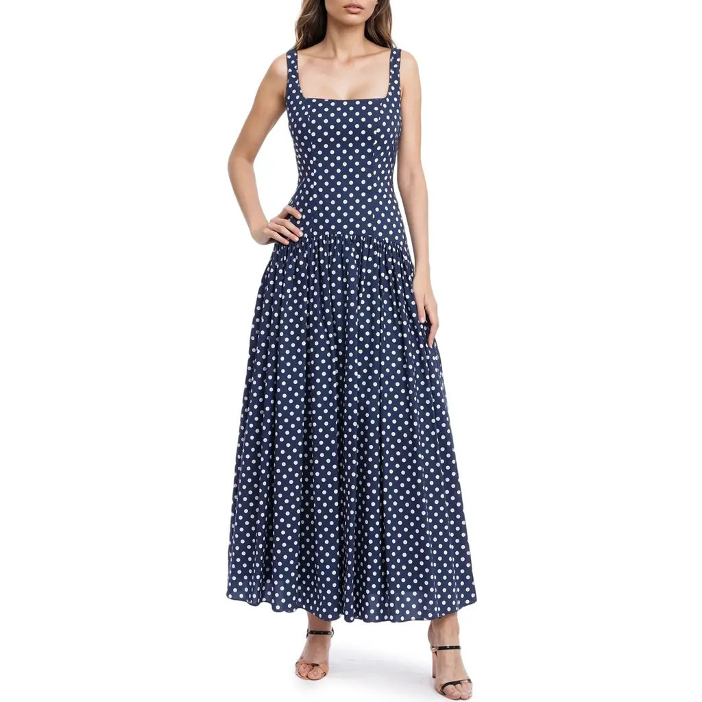 Jewel Badgley Mischka Polka Dot Drop Waist Cotton Maxi Dress in Midnight at Nordstrom, Size 0 | Nordstrom