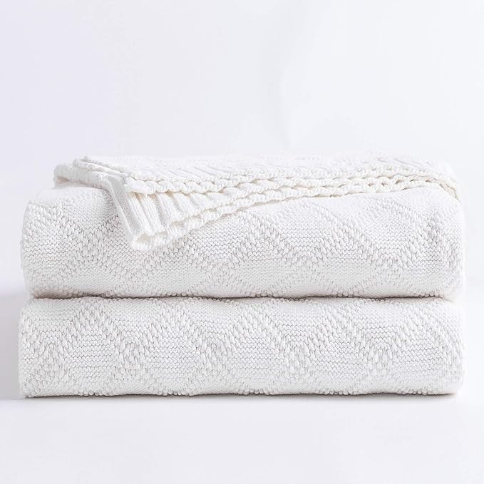 100% Cotton White Cable Knit Throw Blanket for Couch with Bonus Laundering Bag – Large 50 x 60 ... | Amazon (US)