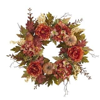 Nearly Natural 24 in. Fall Peony, Hydrangea and Pumpkin Artificial Wreath 4657 - The Home Depot | The Home Depot