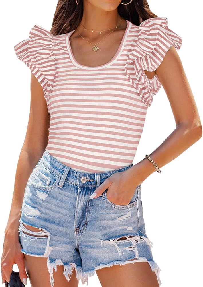 ZESICA Women's Ruffle Short Sleeve Striped T Shirts 2024 Summer Scoop Neck Slim Fitted Causal Bas... | Amazon (US)