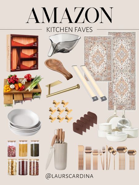 Amazon kitchen faves include a two piece rug set, storage bag organizer, strainer, spoon rest, white bowls, clear cylinders with glass lids, a knife set, pots and pans, gold spoons, food scrapers, gold clips, and a paper towel holder. 
Amazon home, Amazon kitchen, kitchen decor, kitchen style 

#LTKhome #LTKfindsunder50 #LTKstyletip
