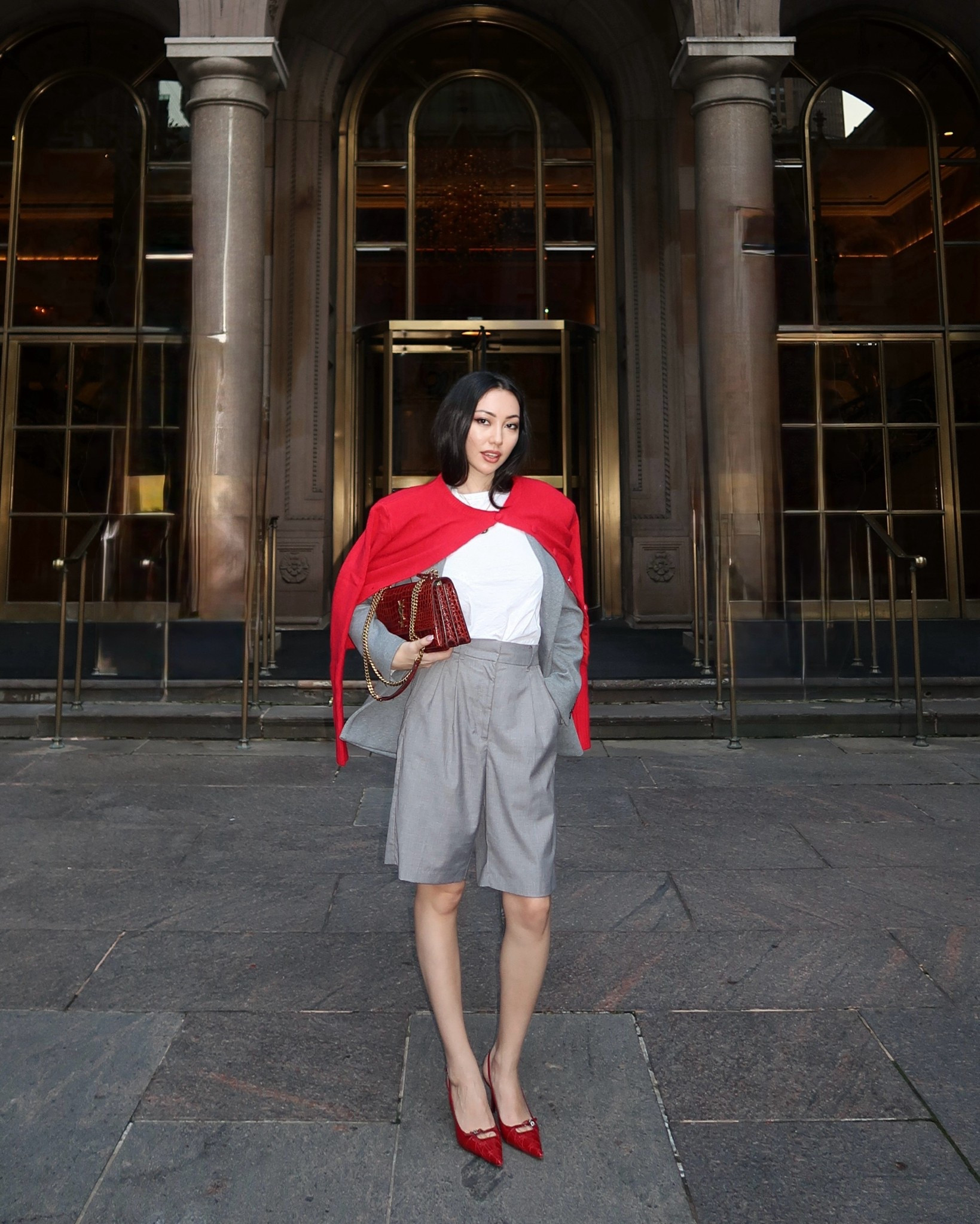 Shorts : Zara 
Blazer : source unknown ( out of stuck )
Bag : ysl 
Heels : Dior 
Cardigan : meshki ruby oversized knit