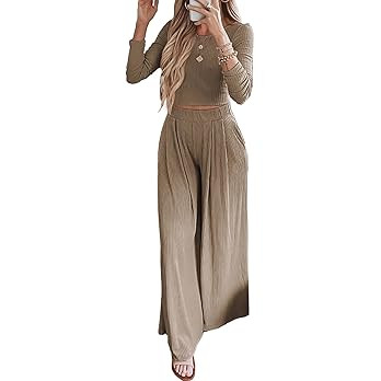 BTFBM Women's Two Piece Lounge Set Long Sleeve Bodycon Ribbed Knit Crop Top Loose Wide Leg Pant C... | Amazon (US)