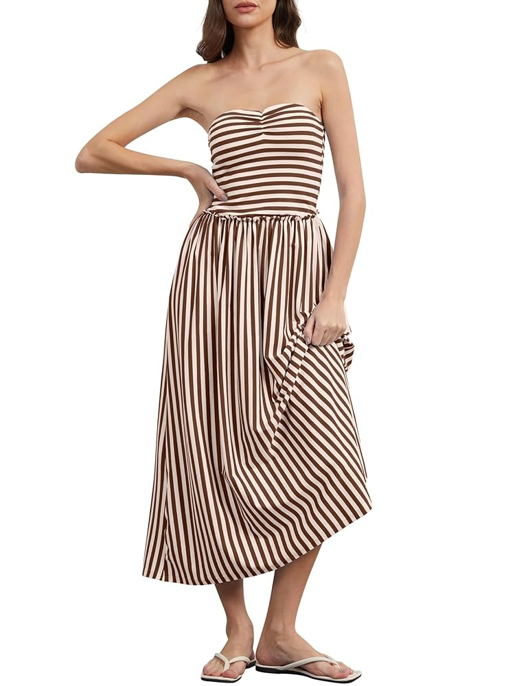 Women Striped Strapless Flowy Maxi Dress Backless Patchwork Tube Top Dress Summer Party Formal Lo... | Amazon (US)