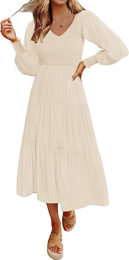 ZESICA Women's 2023 Casual Long Sleeve Crew Neck High Waist Smocked Flowy Tiered Midi Dress | Amazon (US)