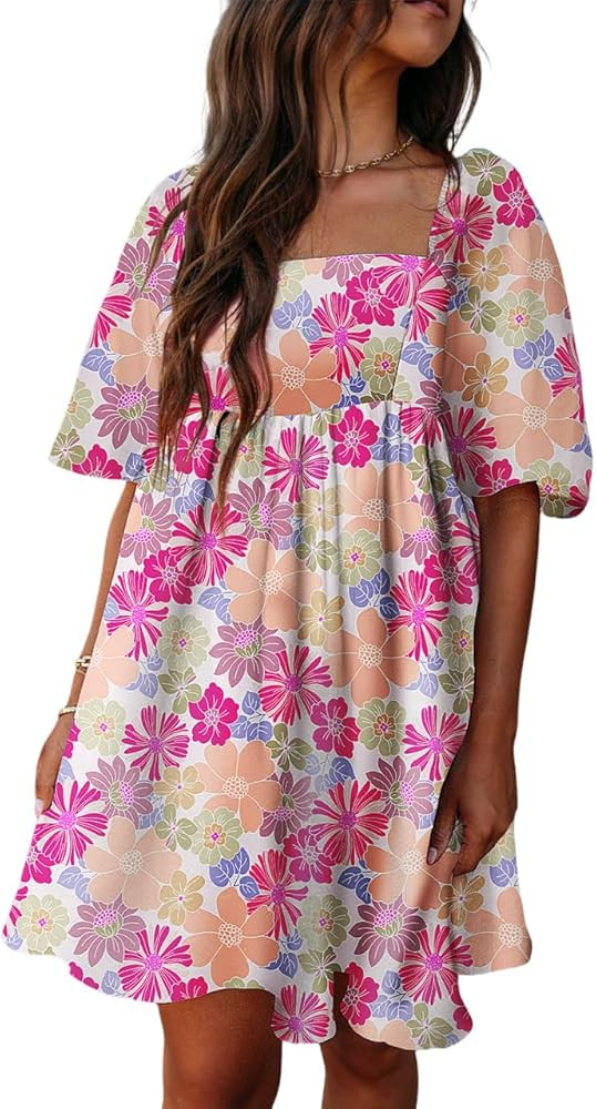 Chvity Women Trendy Floral Print Square Neck Puff Short Sleeve Babydoll Dress Open Back High Wais... | Amazon (US)