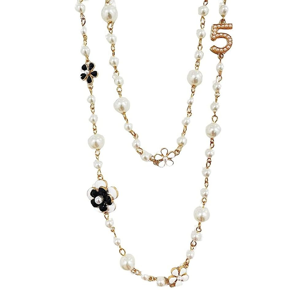 Fashion Jewelry Designer Pearl Camellia Necklace for Women Number 5 Long Double Stranded Necklace... | Amazon (US)