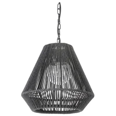 Palecek Tanner Coastal Beach Black Woven Wicker Outdoor Tapered Pendant Lantern | Kathy Kuo Home