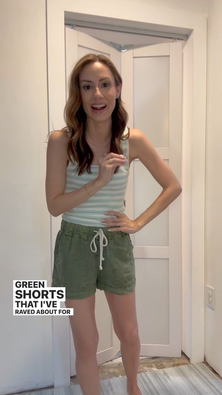 These olive green shorts have been on repeat and I went back for all the colors! Waiting on the white in my size. Love that they have a working drawstring, love the length, and the comfort is a 20/10! I’m wearing an XXS. Tank is so cute and comfy. Love the square neckline and thick straps wearing a small  

#LTKfindsunder50 #LTKVideo #LTKtravel