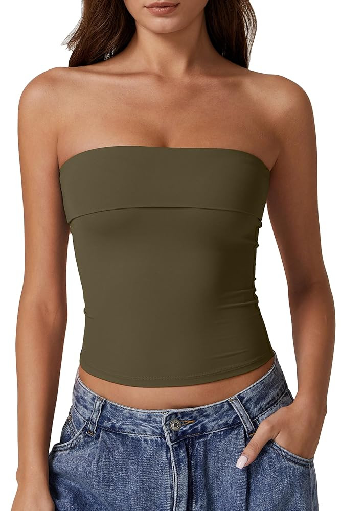 QINSEN Women's Tube Tops Strapless Bandeau Tops Double Lined Slim Fit Summer Going Out Tank Tops | Amazon (US)