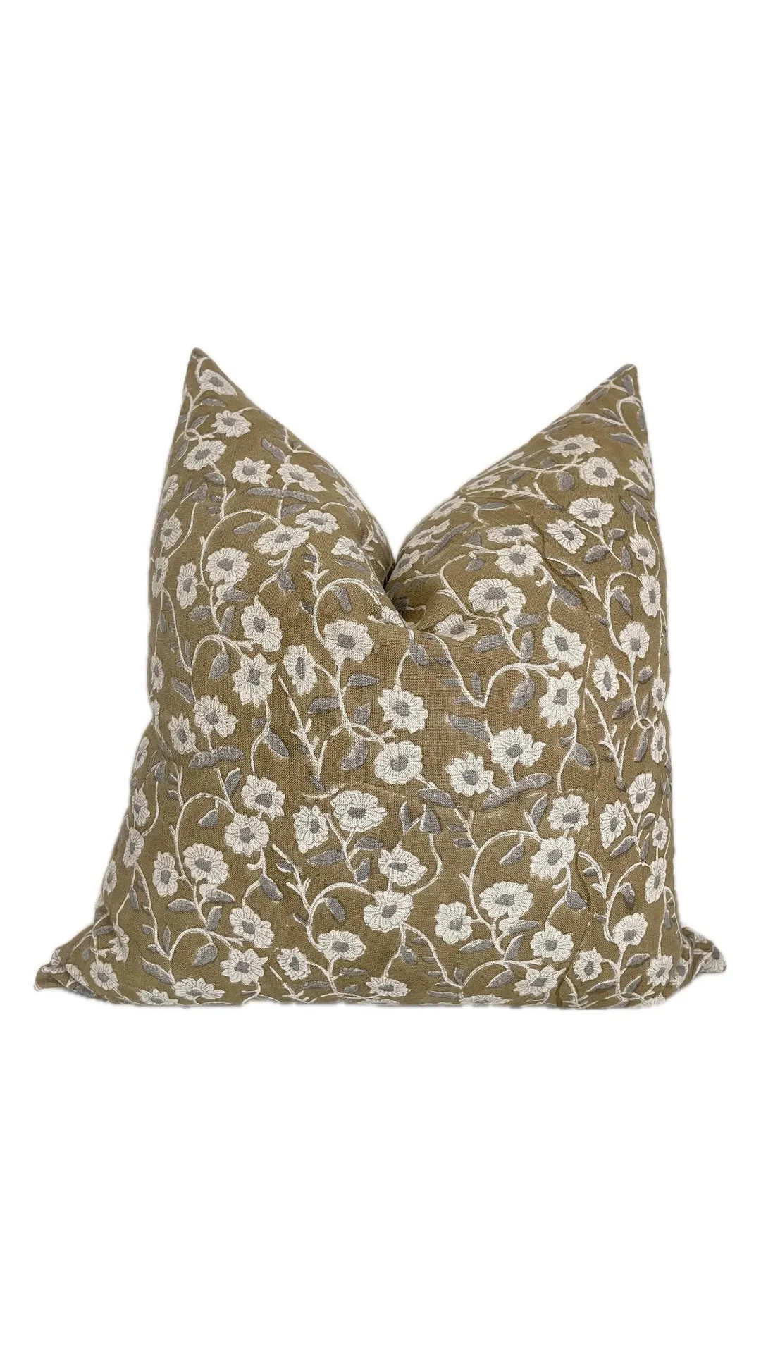 Maisie || Hand Block Print Handmade Neutral Brown Floral Linen Pillow Cover | Artisanal Designer ... | Etsy (US)