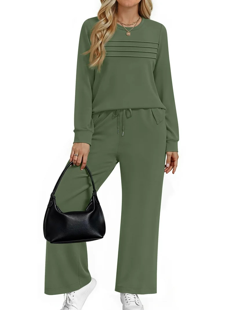 Fantaslook Two Piece Sets for Women Fall Travel Vacation Outfits Pleated Long Sleeve Lounge Sets ... | Walmart (US)