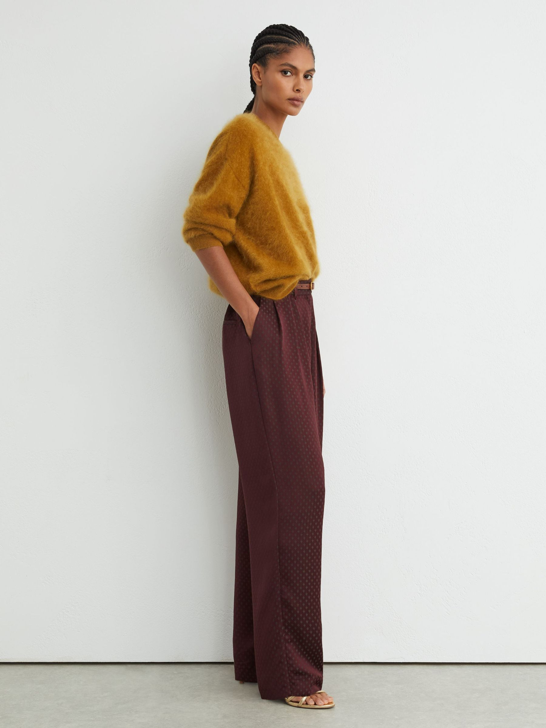 Reiss Jacquard Wide-Leg Pleated Trousers in Burgundy Red - REISS | Reiss UK