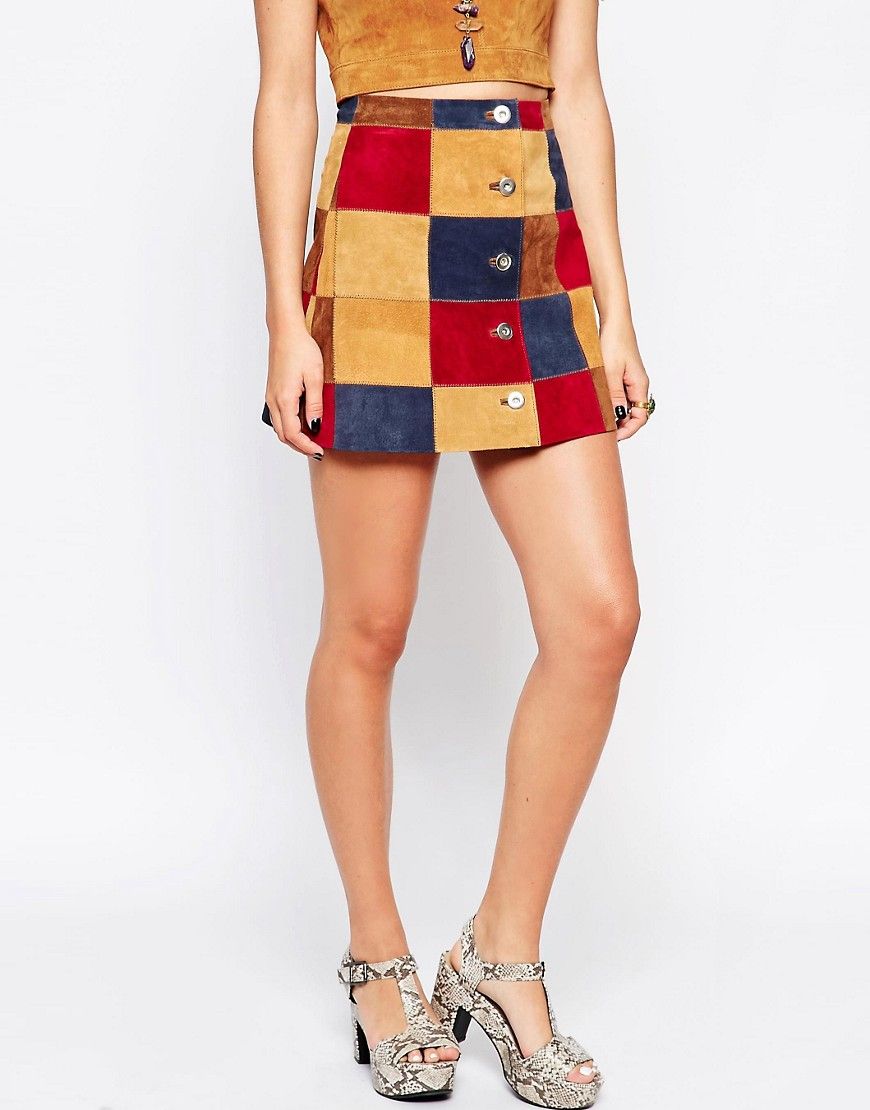 ASOS A Line Skirt In Patchwork Suede With Button Through | ASOS US