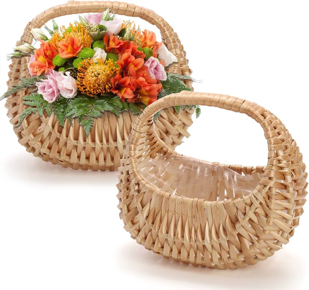 2 Pack Small Wicker Basket with Handle, Woven Flower Girl Basket with Plastic Liner, Decorative E... | Amazon (US)