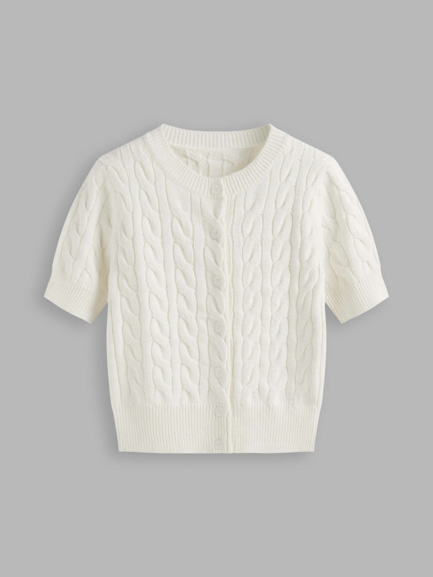 Knit Round Neckline Solid Plait Texture Button Short Sleeve Top | Cider