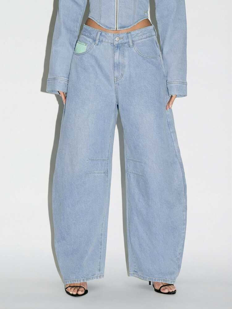 KIZN Wide Leg High Waisted Barrel Denim Jeans With Contrast Pocket Detailing Raw Hem Relaxed Fit ... | SHEIN
