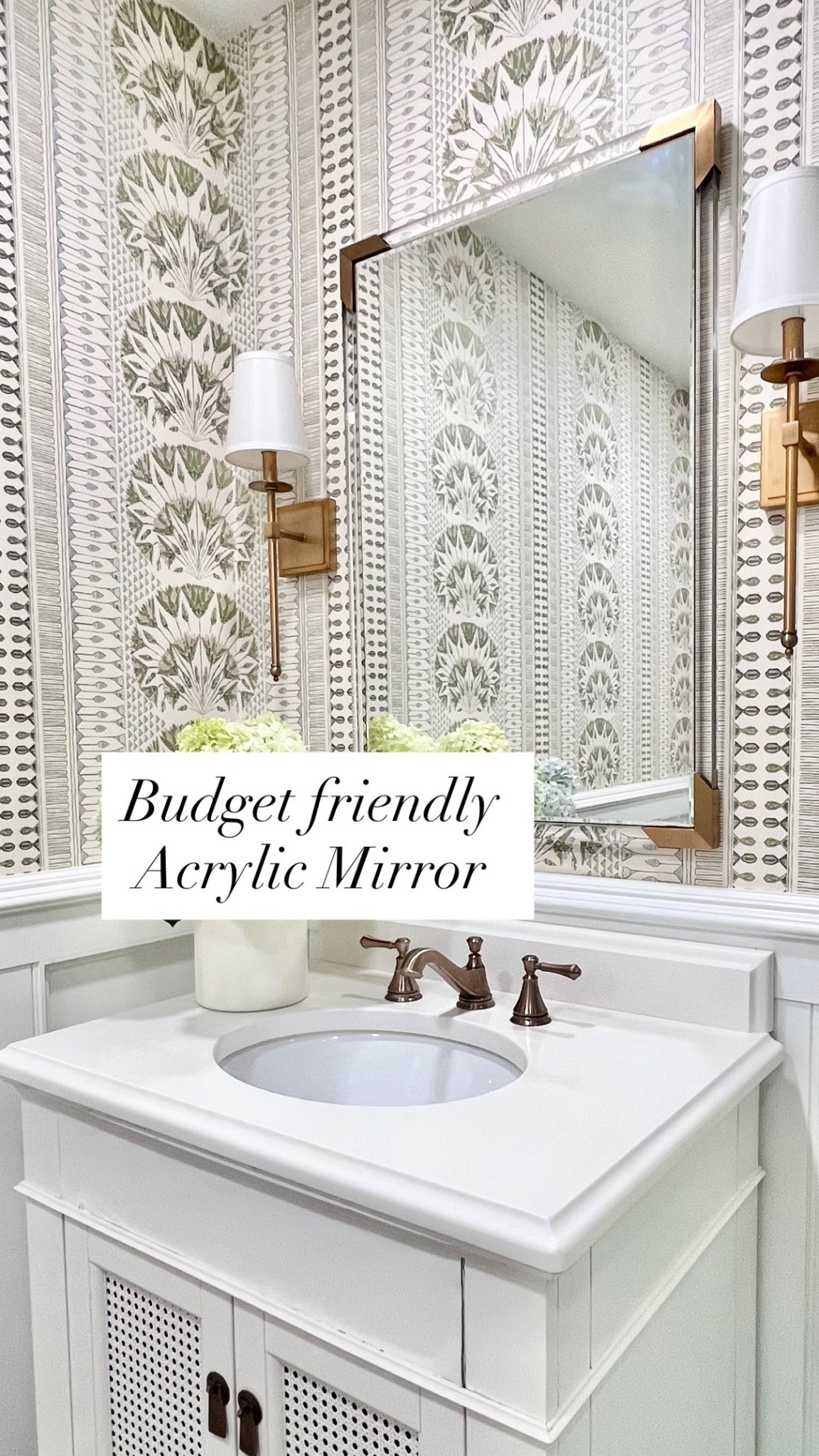 Acrylic mirror Thibaut wallpaper gold sconces 

#LTKFindsUnder100 #LTKHome