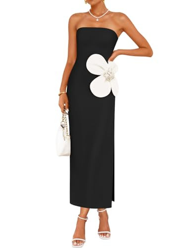 ZESICA Womens Summer Cocktail Strapless Maxi Dress 2026 Formal Bodycon Backless Floral Tube Wedding Guest Party Long Dresses,Black,Large | Amazon (US)