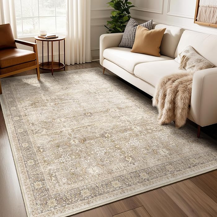 Neutral Beige 5x7 Area Rugs for Living Room Bedroom, Washable Non Slip Low Pile Thin Soft Carpet ... | Amazon (US)