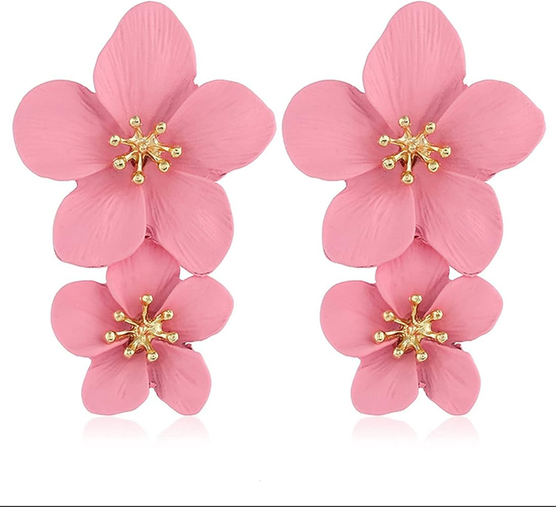 GPASTG Elegant Bohemian Large Metal Double Flower Matt Earring Chic Statement Dangle Drop Wedding... | Amazon (US)