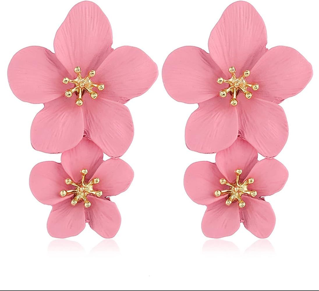 D.Rosse Large Metal Double Flower Matt Earring Chic Statement Dangle Drop Wedding Earrings For Women | Amazon (US)