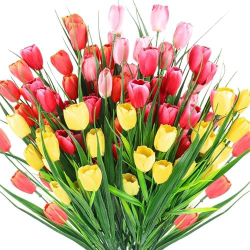 Yungyan 20 Bundles Artificial Flowers Multicolor Fake Tulips No Fade Faux Tulips Plastic Flowers ... | Amazon (US)