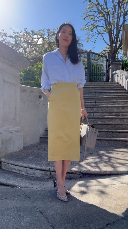 Fabrication dictates the vibe of an outfit, but so do the shapes. In this case, I paired a cotton twill pencil skirt with a cotton button-down shirt. Casual, but also, not. I like that tension! 

#LTKWorkwear #LTKVideo #LTKSeasonal
