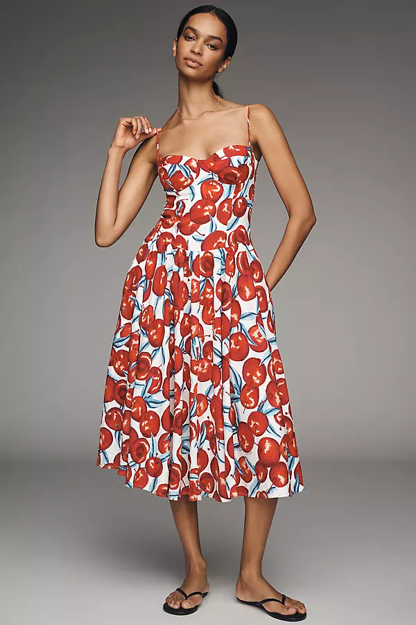 Farm Rio Cherry Blossom Sleeveless Sweetheart Midi Dress | Anthropologie (US)