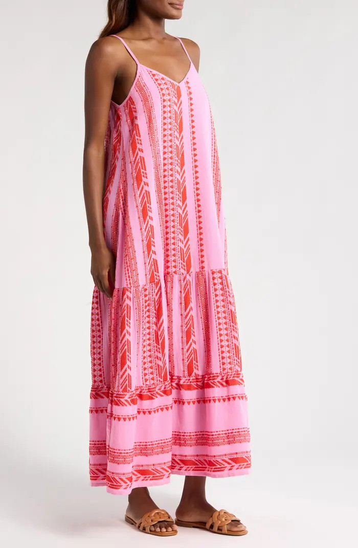 Elan Embroidered Tiered Cotton Blend Cover-Up Maxi Dress | Nordstrom | Nordstrom