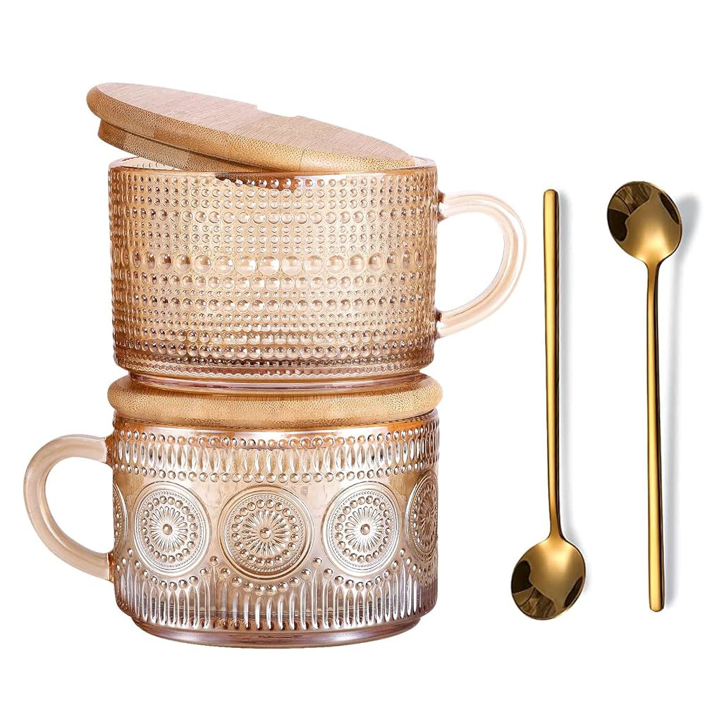 Vintage Glass Coffee Mugs Set of 2 Amber, Embossed Tea Cups with Bamboo Lids and Spoons, 14 Oz Gl... | Amazon (US)