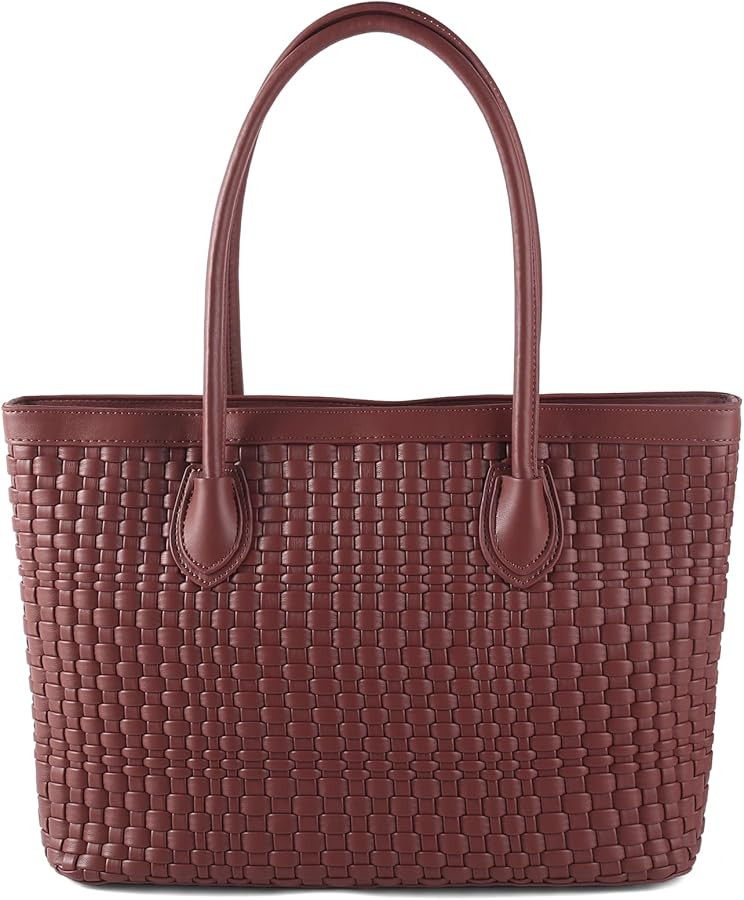 Woven Tote Bag For Women Hand Make Vegan Leather Shoulder Bag Handbag Zip Closure Beach Tote Trav... | Amazon (US)