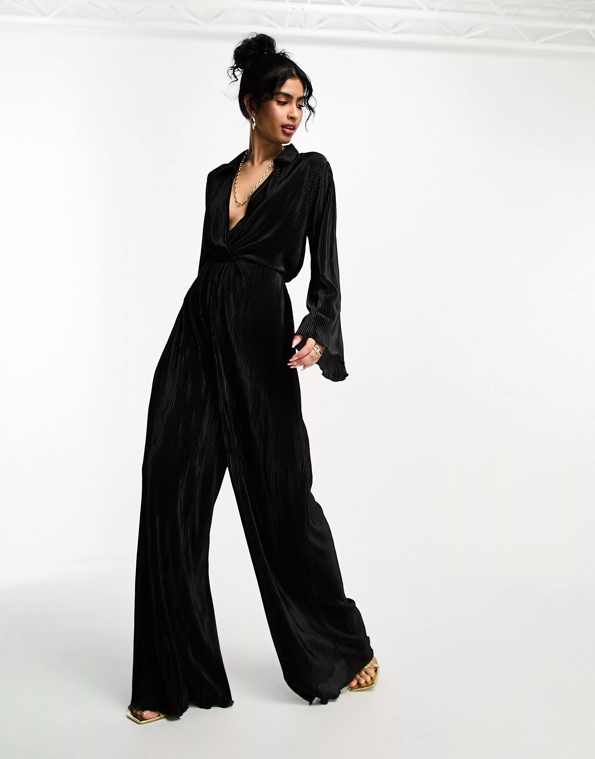ASOS DESIGN plisse long sleeve shirt jumpsuit in black | ASOS (Global)