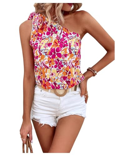 Verdusa Women's Floral Boho Blouse Vacation Summer Bow Tie One Shoulder Tops | Amazon (US)