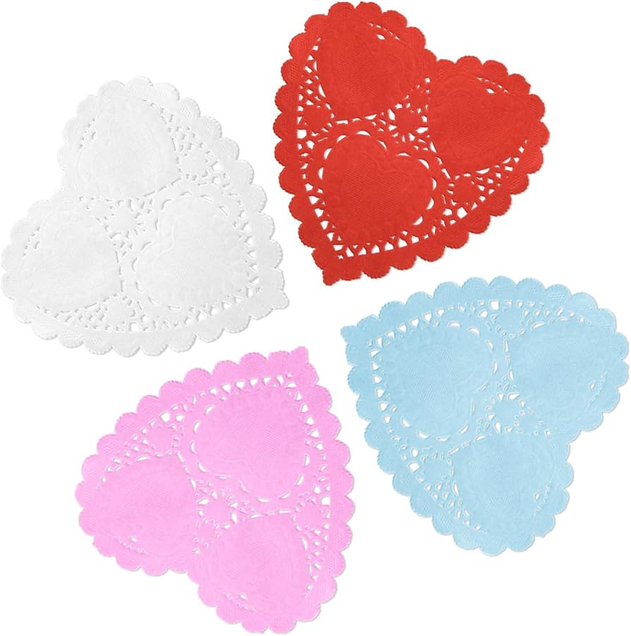 ANPUNAT 150 Pcs Valentine Heart Doilies 4Inch Heart Shape Paper Doily with 4 Colors Red Pink Blue... | Amazon (US)