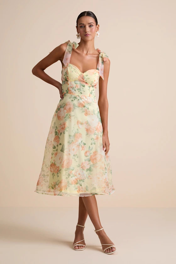 Olesya Light Yellow Floral Tie-Strap Midi Dress | Lulus