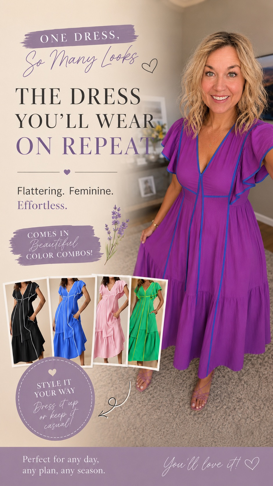 💜 One dress. So many possibilities.
This might be one of the most versatile dresses I’ve found lately. The feminine silhouette, flutter sleeves, and beautiful contrast trim make it easy to dress up with heels or keep casual with sandals.
And the best part? It comes in several gorgeous color combinations, so there’s truly one for every style.
Which color would you choose: 💜 Purple, 🖤 Black, 💙 Blue, 💗 Pink, or 💚 Green?
Summer dress 2026 wedding wear picnic dress church dress modest dress maxi dress midi dress look for less

#LTKOver40