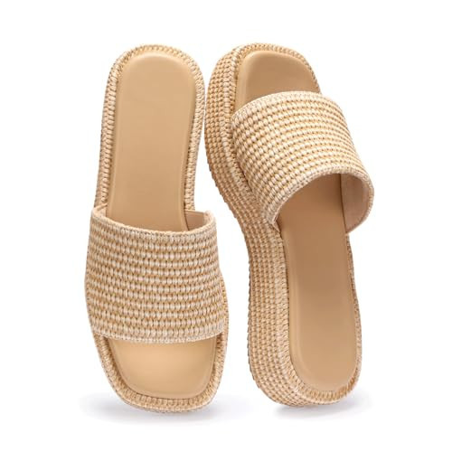 Monrovia Platform Sandals Women Raffia Espadrille Slides, Woven Straw Flatform Beach Sandals Women, Slip On Summer Vacation Shoes, Comfortable Casual Daily Wear tan Nude Apricot Khaki 9 | Amazon (US)