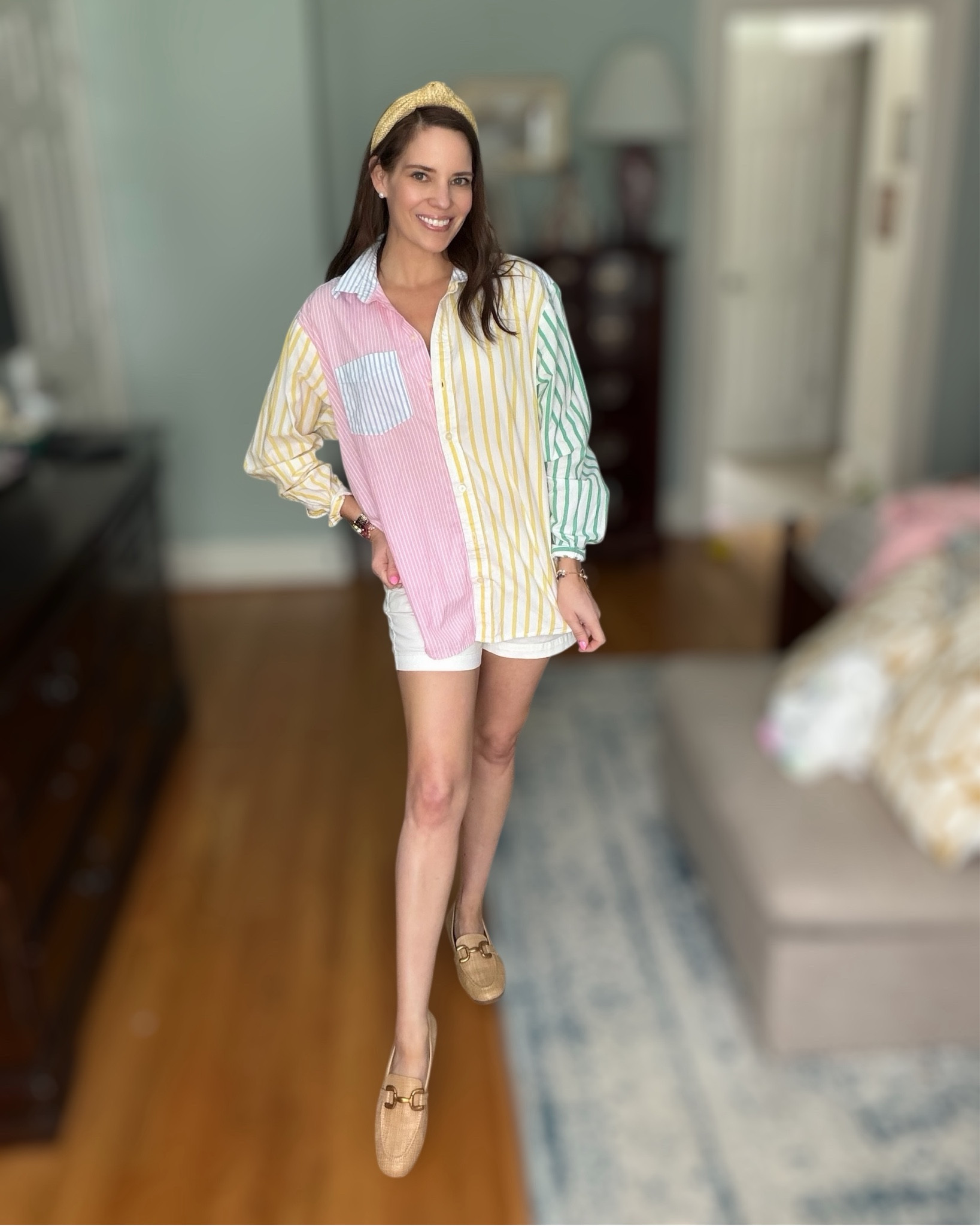 Colorful striped button down outfit with white shorts & raffia flats 💛💗💚

Such a fun, colorful everyday look! My striped button down is an older find from Gap, but I linked a very similar look for you 🤍 Paired it with classic white shorts, raffia flats, and the cutest neutral headband for an easy, polished outfit you can wear all spring and summer.

Love how the mixed stripes make a statement while still feeling effortless ✨ Perfect for casual days, running errands, or a relaxed lunch look!

Colorful striped shirt outfit, preppy summer style, casual chic outfit, white shorts outfit, raffia flats outfit, headband outfit, spring summer everyday look

#LTKOver40 #LTKWorkwear #LTKPetite

#LTKWorkwear #LTKPetite #LTKOver40