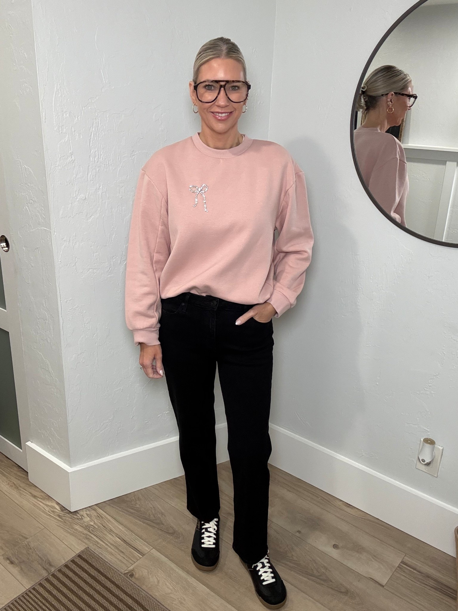 An elevated sweatshirt is an absolute yes in my world! 

I love the blush pink with the rhinestone bow. Such a pretty combo and perfect for winter and spring! I’m wearing a small. You could easily size down unless you like an oversized fit. 

My Jeans are the Bella Straight Leg from Quince. They’re nice and stretchy and the black has held up well too. They fit tts


#LTKFindsUnder100 #LTKOver40