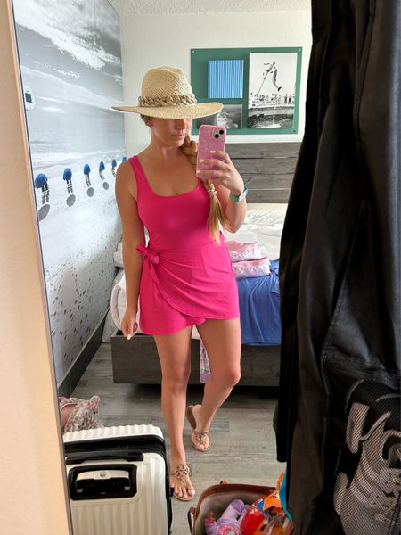 This one piece swim dress is so good! Mom bod friendly, supportive, and great coverage! Wearing my normal small. TTS.  My hat is only $11 and comes in 3 colors.

#LTKSwim