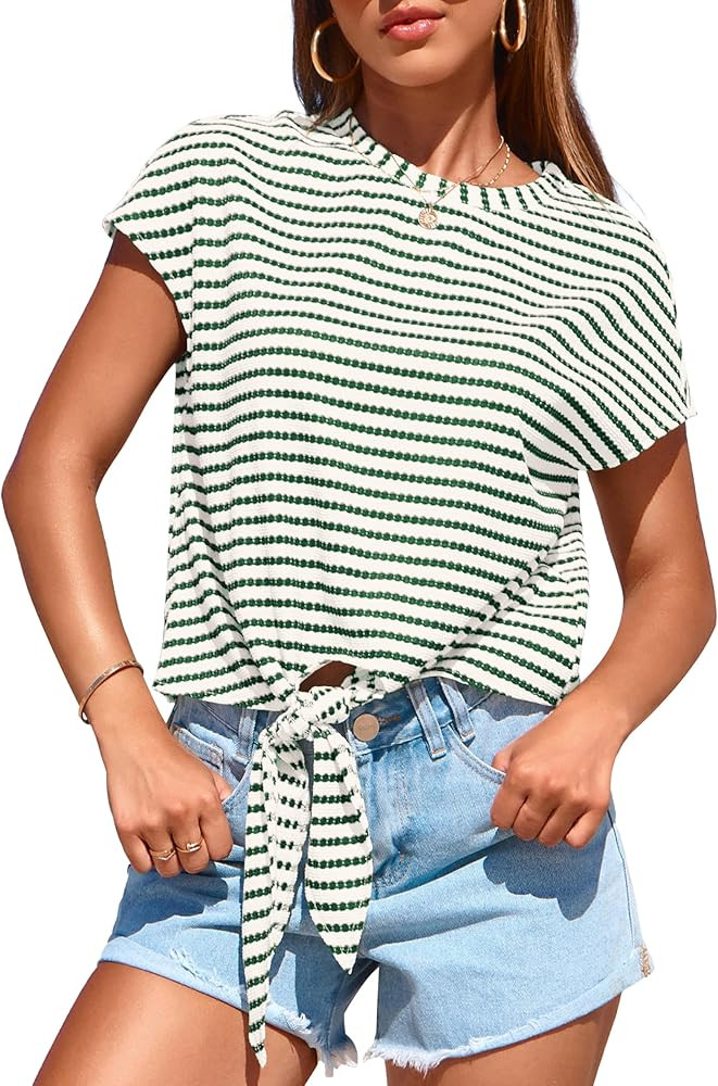 PRETTYGARDEN Womens Tops 2025 Cute Summer Cap Sleeve Crewneck Tie Knot Striped Shirts Casual Loos... | Amazon (US)