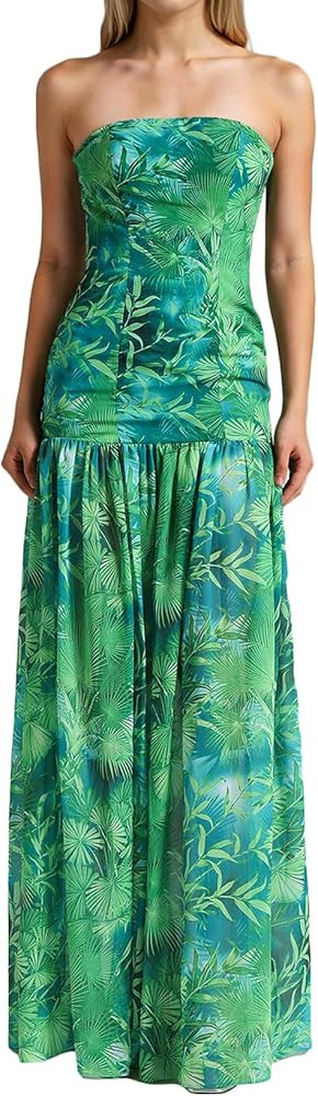 Leaves Chiffon Dress Classic Print Pleated Dress for Women Green Strapless Dress for Women | Amazon (US)